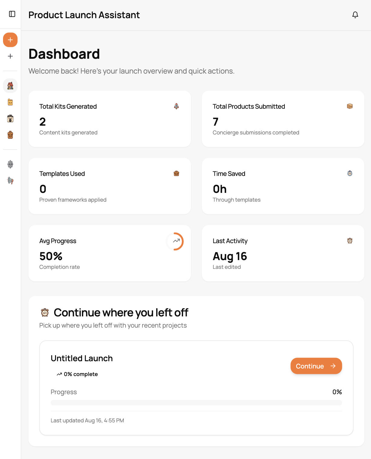 Toffi product launch kit dashboard showing launch progress and content generator
