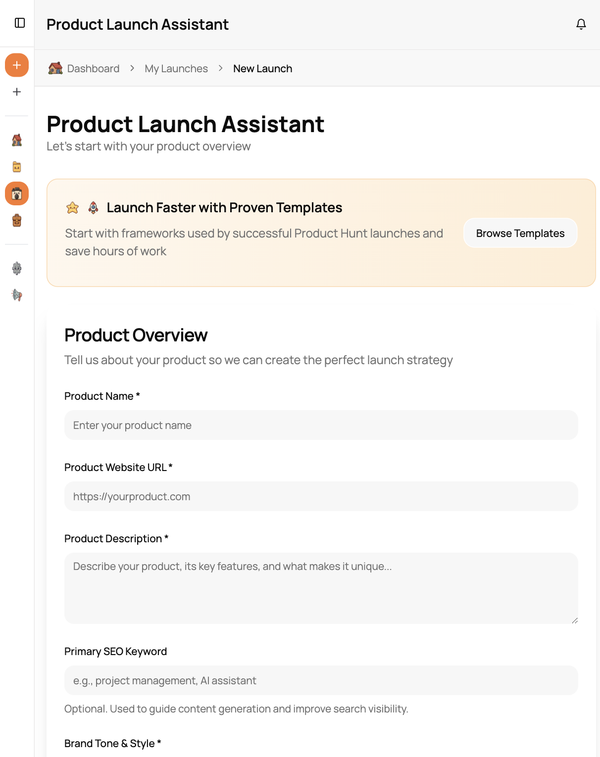 Step-by-step launch kit wizard for creating platform-ready product launch content